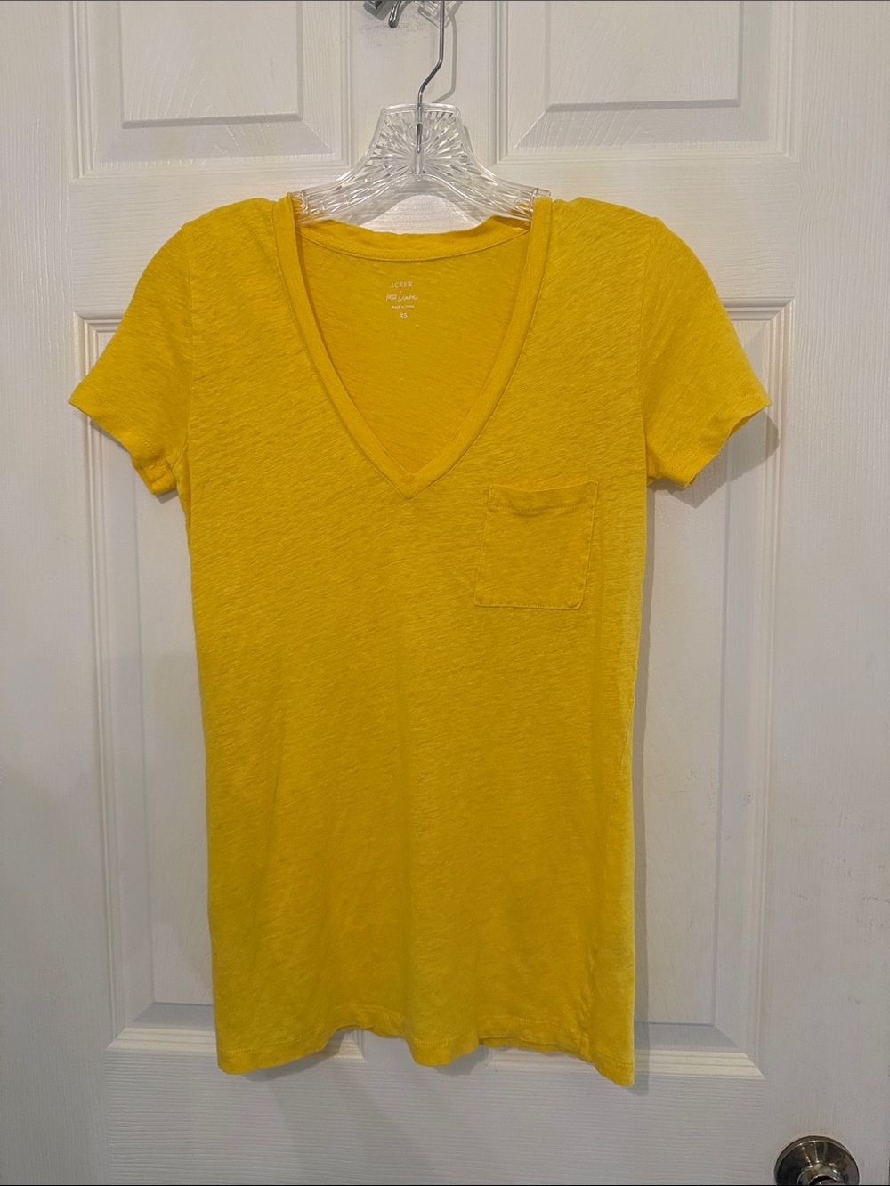 J. Crew 100% Linen Women's Yellow V-Neck Fitted Pocket Tee